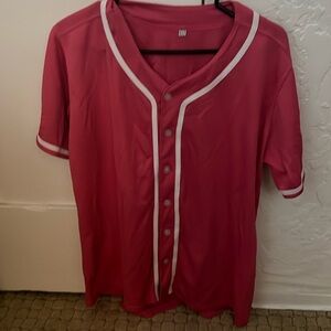 Pink and white button up baseball style shirt